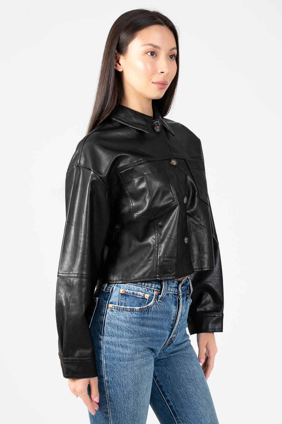 Avery Cropped Faux Leather Shacket