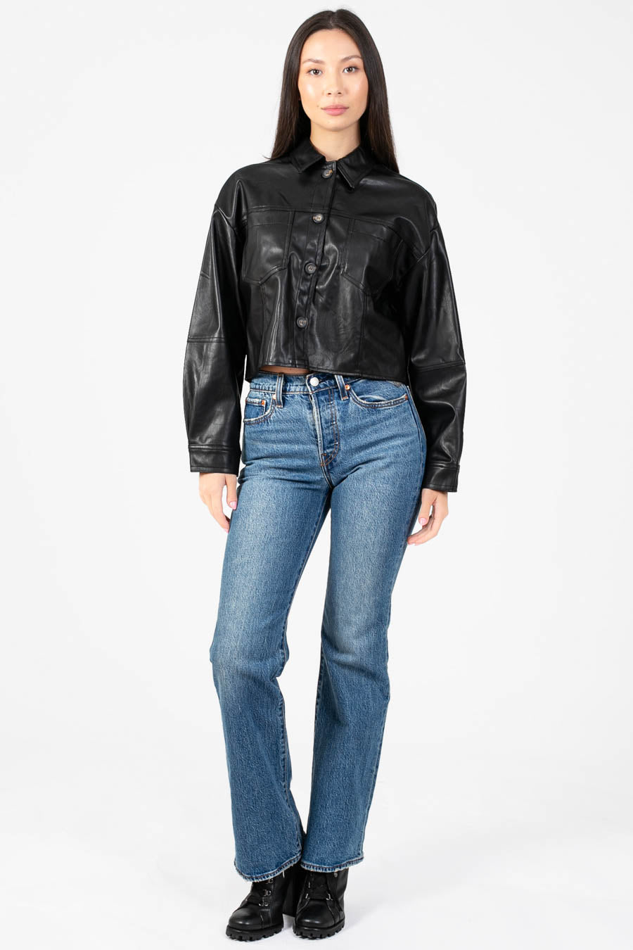 Avery Cropped Faux Leather Shacket