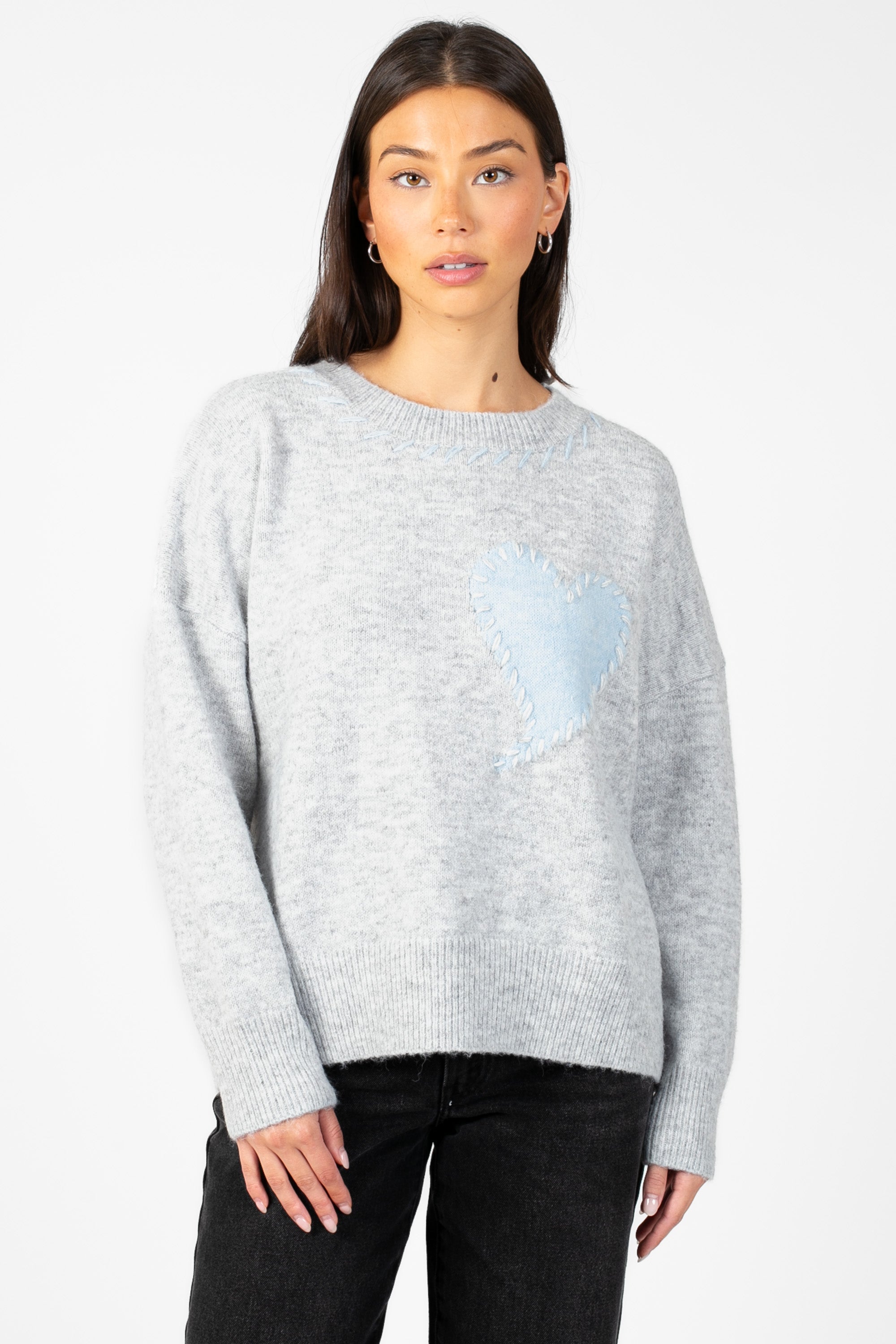 Lyla + Luxe® Heart Stitch Crew Neck Sweater