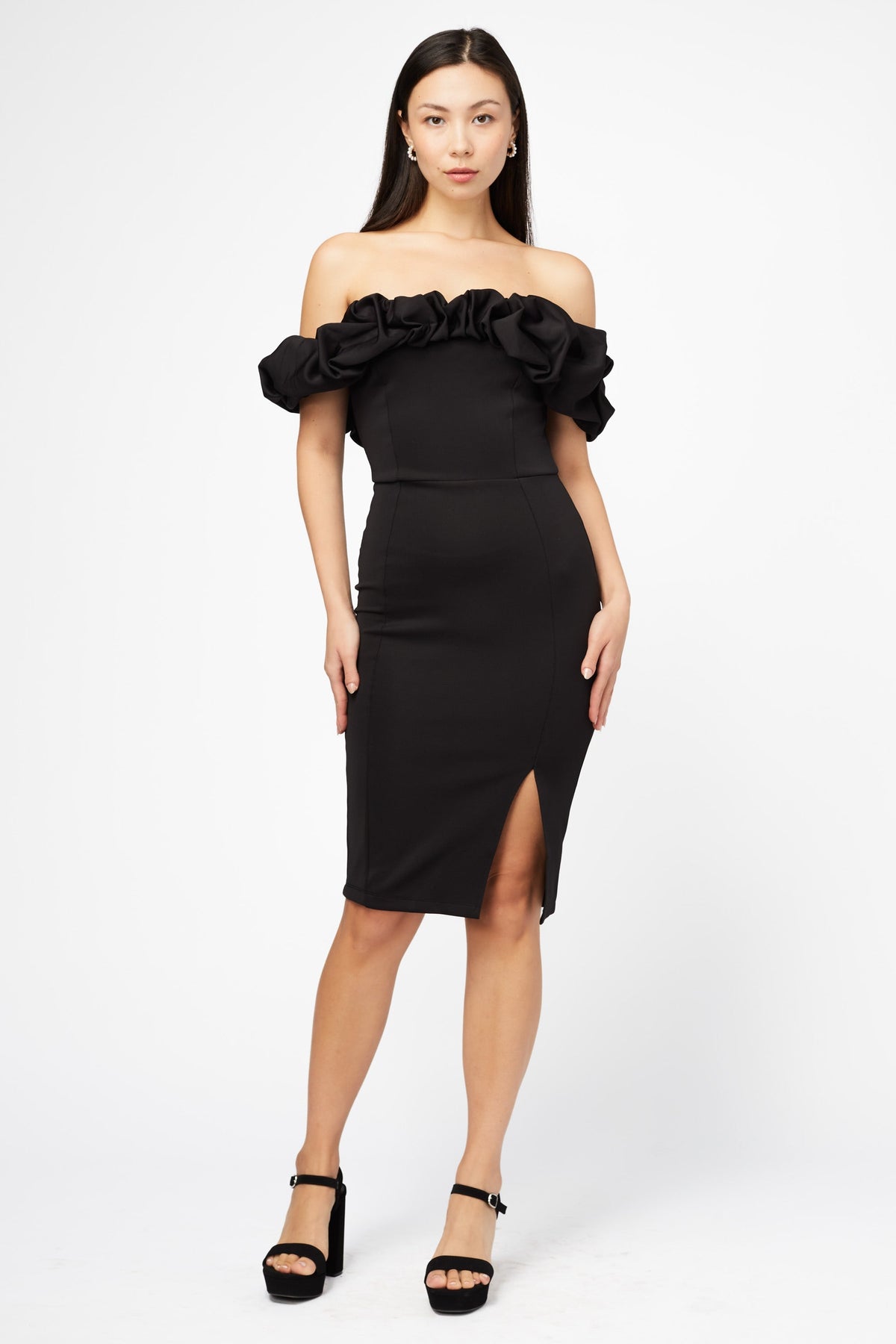 Coralie Off The Shoulder Ruffle Trim Midi Dress