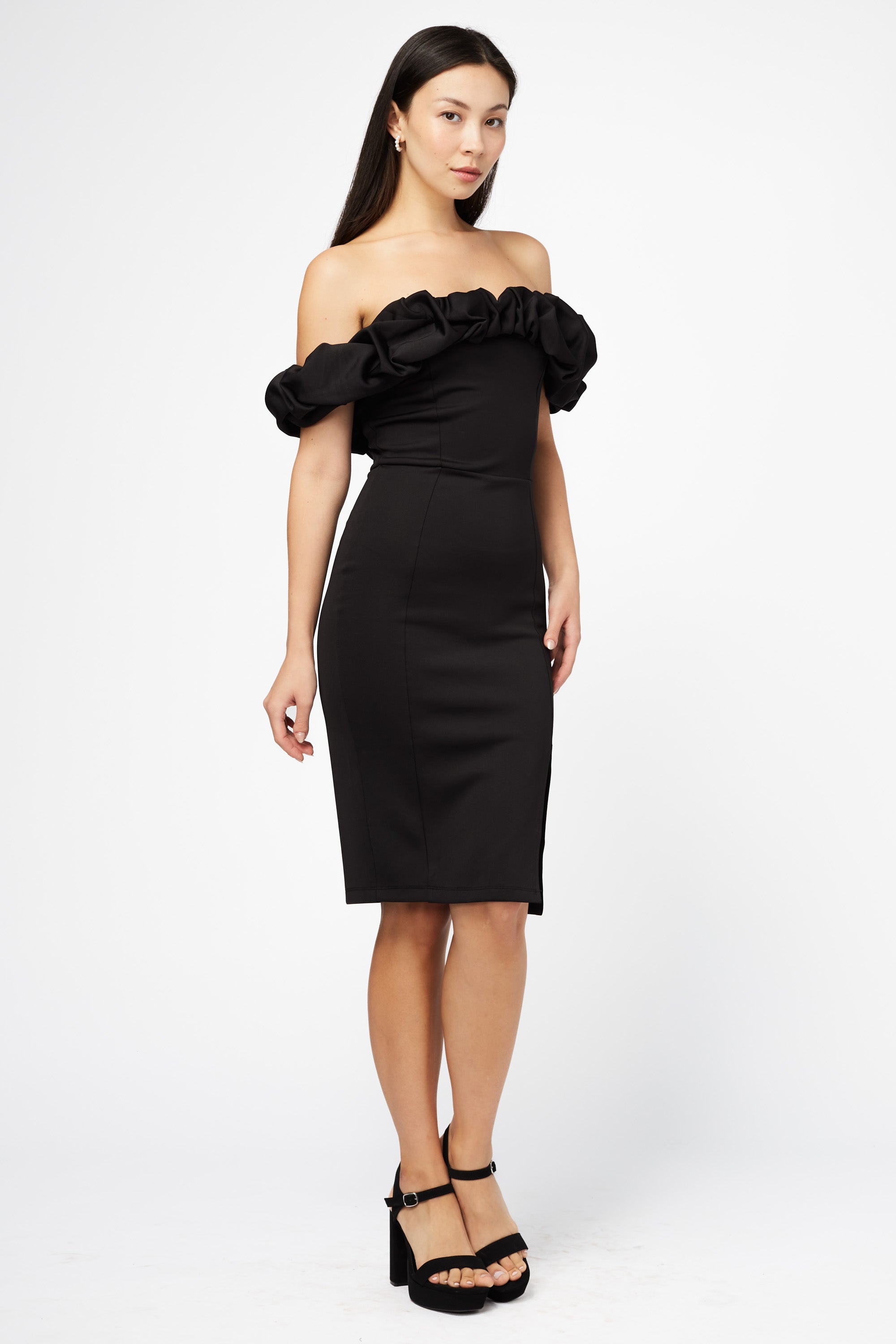 Coralie Off The Shoulder Ruffle Trim Midi Dress