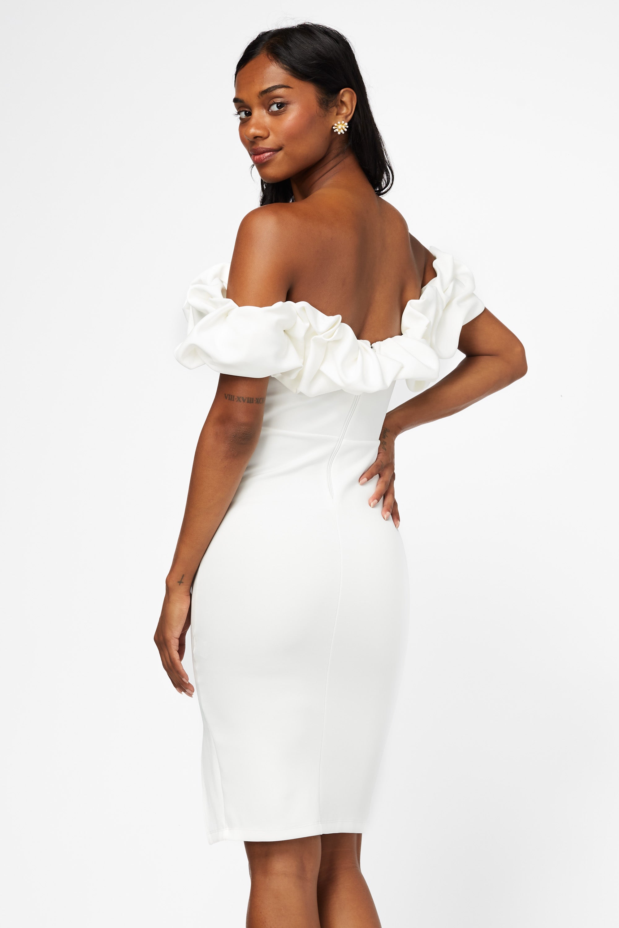 Coralie Off The Shoulder Ruffle Trim Midi Dress